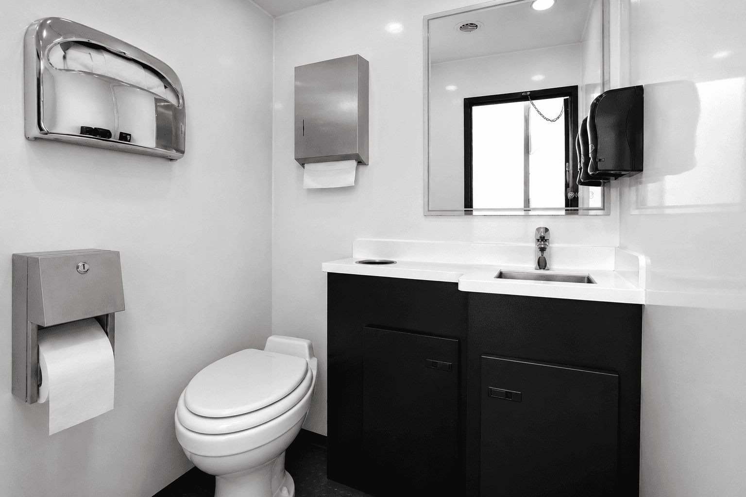 Stainless fixtures, HDR luxury restroom trailer