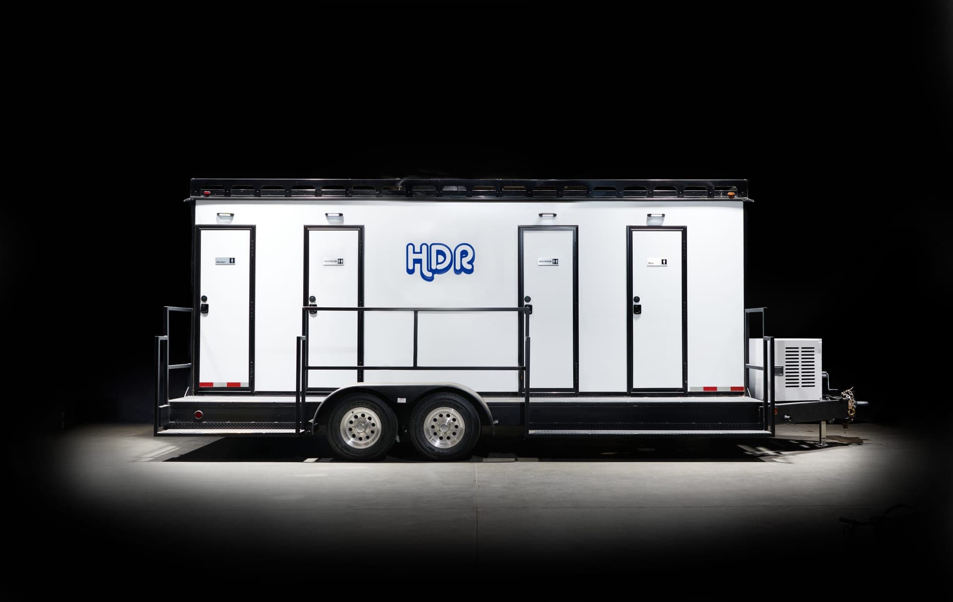 Luxury restroom trailer exterior, side profile — Burbank rental